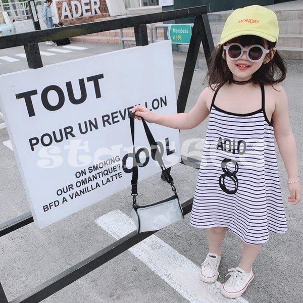 ワンピース ノースリーブ キャミソールワンピース キッズ 女の子 女児 子供用 子供服 袖なし 膝丈 ロゴ ボーダー カジュアル かわいい 使い勝手の良い