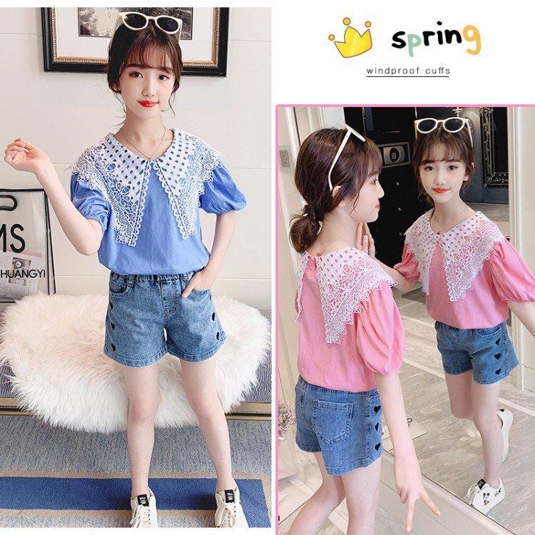 子供服 セットアップ キッズ 女の子 春夏 トップス 半袖 ブラウス レースシャツ ハーフパンツ 半ズボン 韓国子ども服 ジュニア ベビー服 おしゃれ 可愛い 新品 最大98 オフ