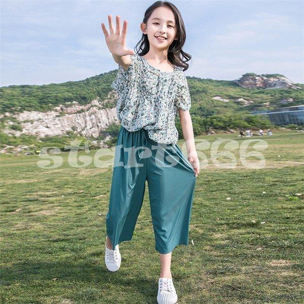 激安単価で 子供服 セットアップ キッズ 女の子 夏 2点セット 上下セット Tシャツ ブラウス 半袖 花柄 ガウチョパンツ ジュニア おしゃれ 可愛い カジュアル 小学生 新品 Commerces Boutique