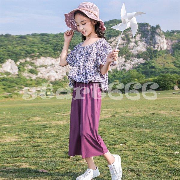 激安単価で 子供服 セットアップ キッズ 女の子 夏 2点セット 上下セット Tシャツ ブラウス 半袖 花柄 ガウチョパンツ ジュニア おしゃれ 可愛い カジュアル 小学生 新品 Commerces Boutique