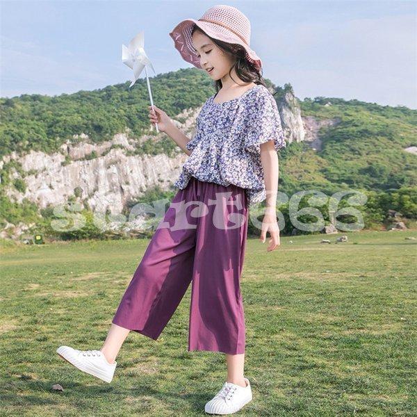 激安単価で 子供服 セットアップ キッズ 女の子 夏 2点セット 上下セット Tシャツ ブラウス 半袖 花柄 ガウチョパンツ ジュニア おしゃれ 可愛い カジュアル 小学生 新品 Commerces Boutique
