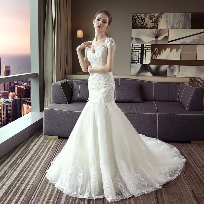 ウエディングドレス マーメイドラインドレス 白 二次会 半袖 安い 花嫁 結婚式 ロングドレス wedding dress :YWHS34