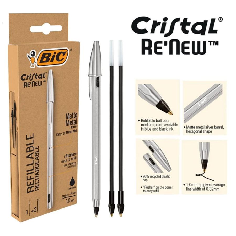ビック Bic ボールペン クリスタルRe'New 1.0 油性 黒 + 2リフィル入り