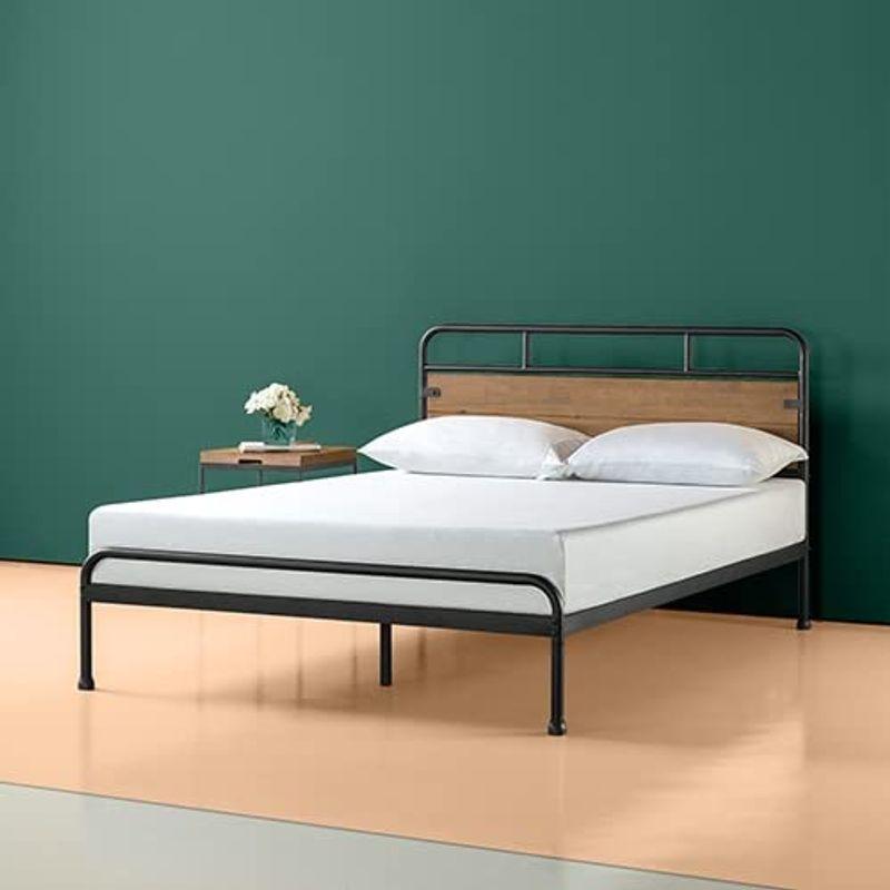 ZINUS メタル ウッド ベッドフレーム セミダブル Santafe Bed Frame B ブラウン メタル 木製 すのこ 静音 耐久性