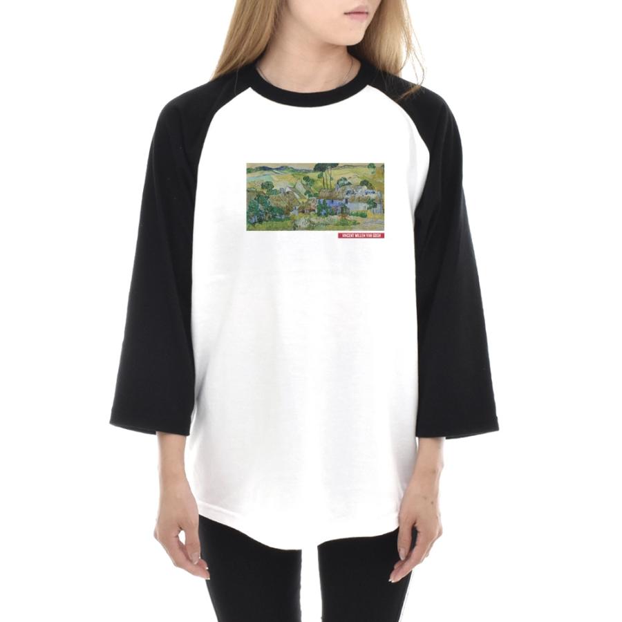 ゴッホ Tシャツ 丘沿いのわらぶき屋根の家々 フィンセント ライフ イズ アート 7分袖 ラグラン ベースボール メンズ レディース 大きいサイズ 絵画 ホワイト 白 | 