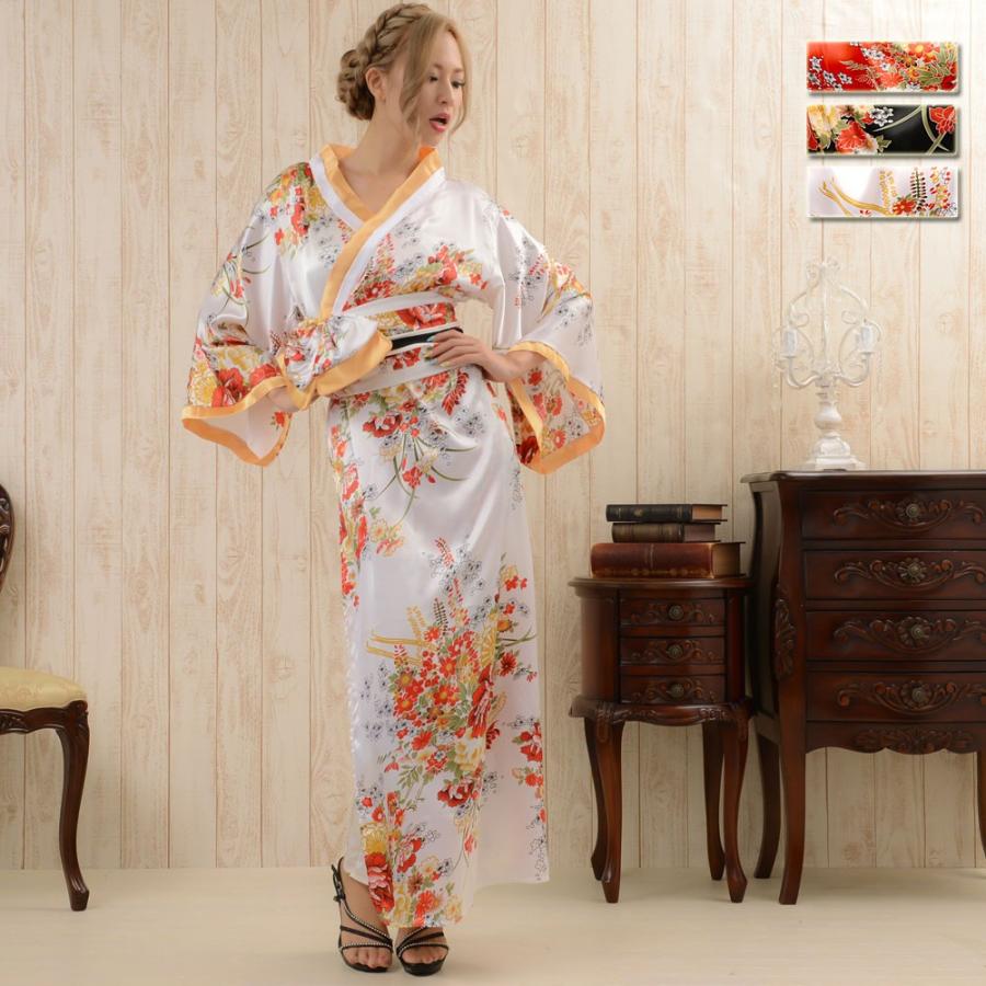 即納 花魁風帯付 和柄 着物 浴衣 サテン ロングドレス コスプレ