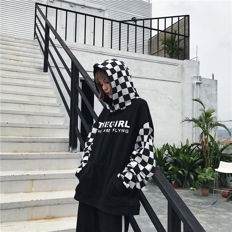 即納 チェッカーフラッグ柄 格子柄 ストリート ビッグシルエ パーカー
