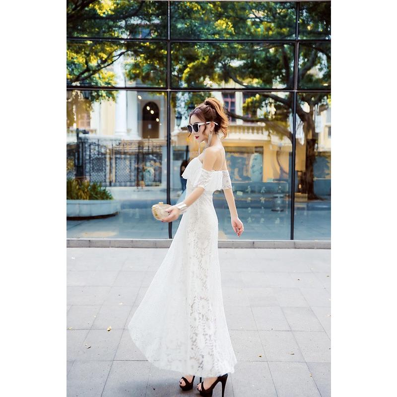 即納 CUTE 胸フリル フラワー 総レース エレガント オフショルダー