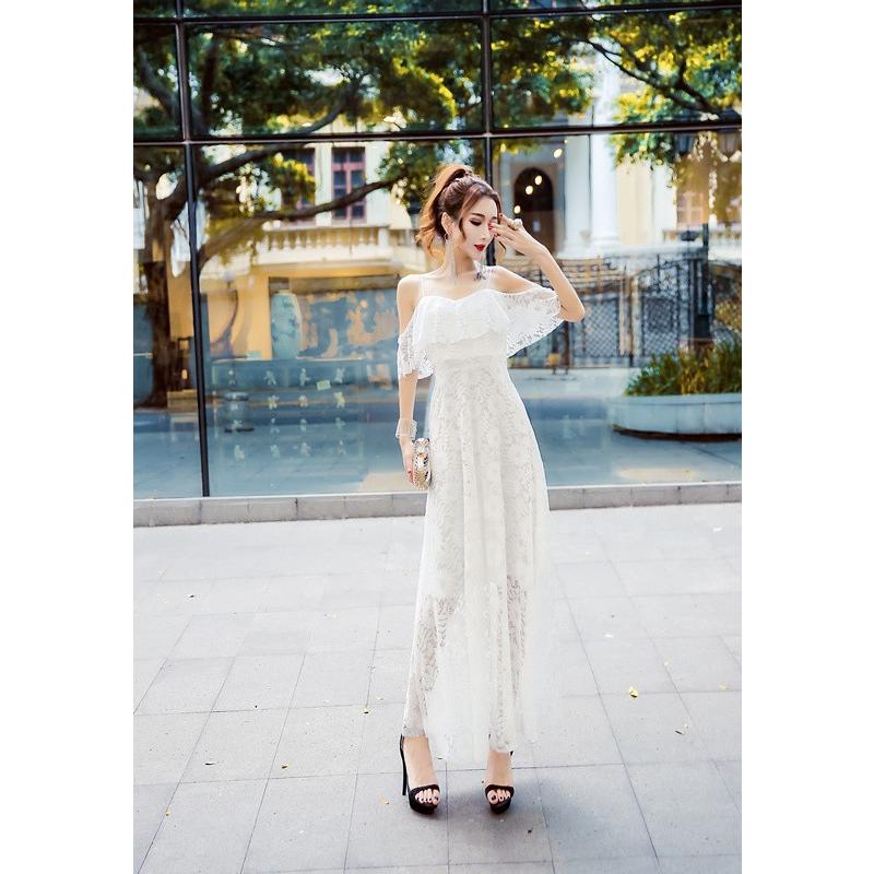 即納 CUTE 胸フリル フラワー 総レース エレガント オフショルダー