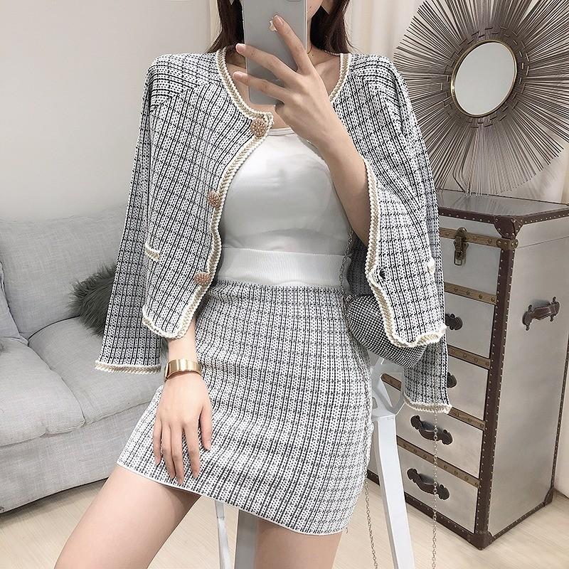 即納 華やか ツイード調 チェック柄 ニット素材 お嬢様 スーツ