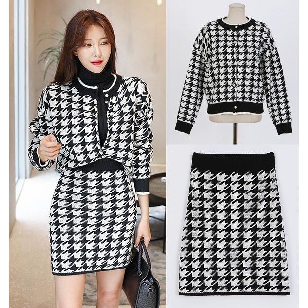 即納 千鳥柄 モノトーン ニット素材 ツーピース セットアップ