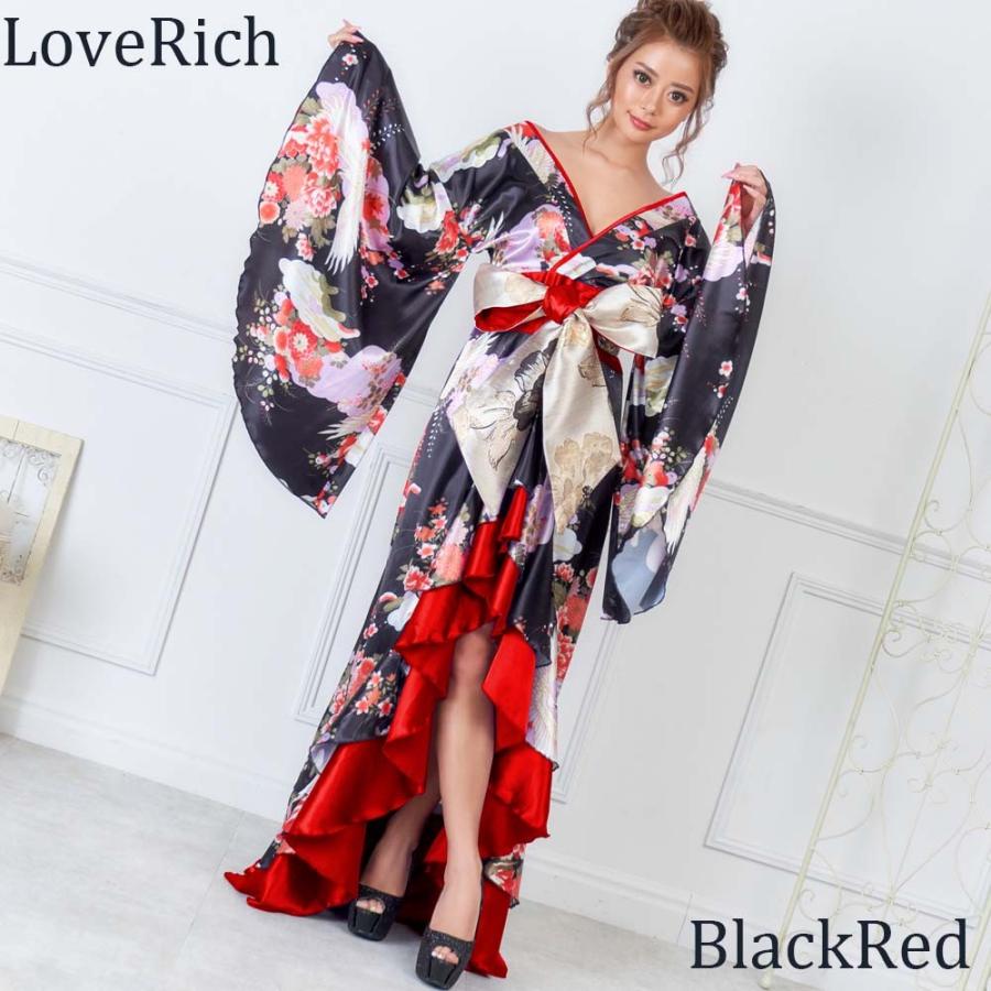和風 和柄 ドレス 着物ドレス 即納 送料無料 豪華絢爛 帯付 セクシー 胸元 深Vカット 大胆