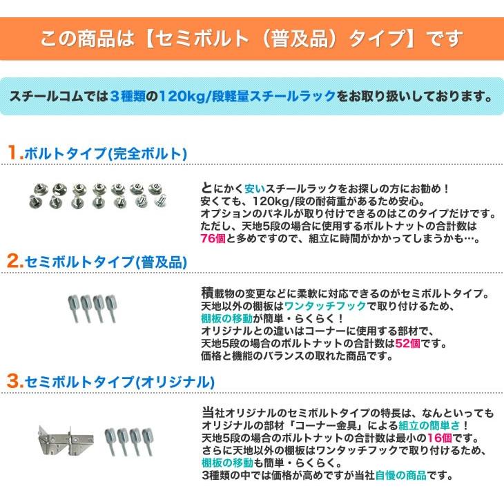 スチール棚 幅87.5×奥行45×高さ150cm 3段 単体 120kg/段 セミボルト(普及品) 重量:19kg｜steelcom｜05