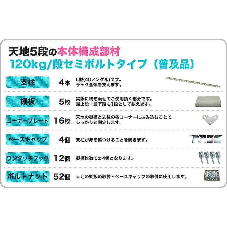 スチール棚 幅87.5×奥行45×高さ180cm 6段 単体 120kg/段 セミボルト(普及品) 重量:32kgの画像