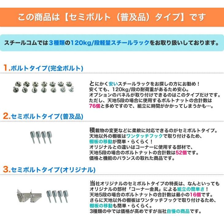 スチール棚 幅180×奥行45×高さ180cm 5段 単体 120kg/段 セミボルト(普及品) 重量:50kg_4
