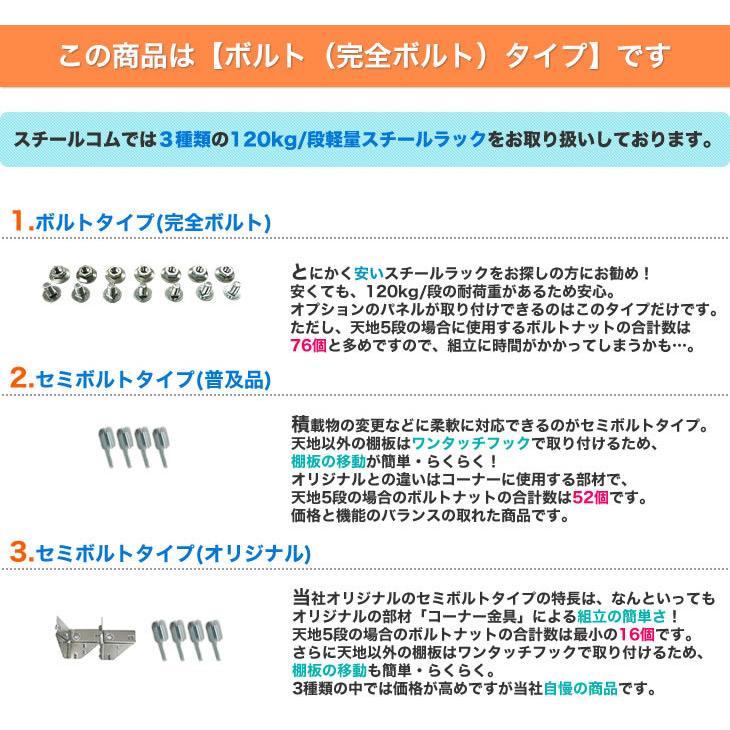 スチール棚 幅60×奥行45×高さ120cm 6段 単体 120kg/段 セミボルト(オリジナル) 重量:19kg｜steelcom｜05