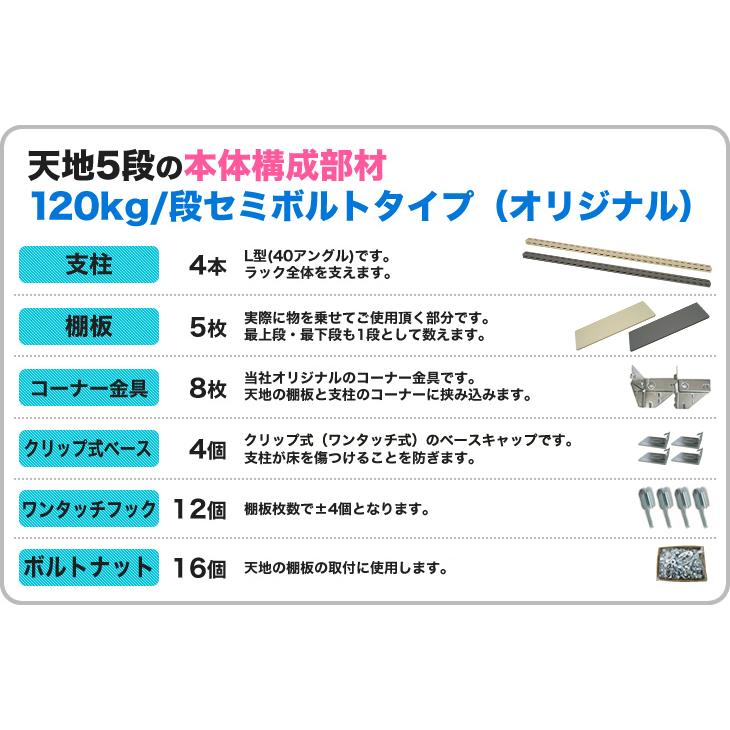 スチール棚 幅60×奥行45×高さ150cm 3段 単体 120kg/段 セミボルト(オリジナル) 重量:14kgの画像
