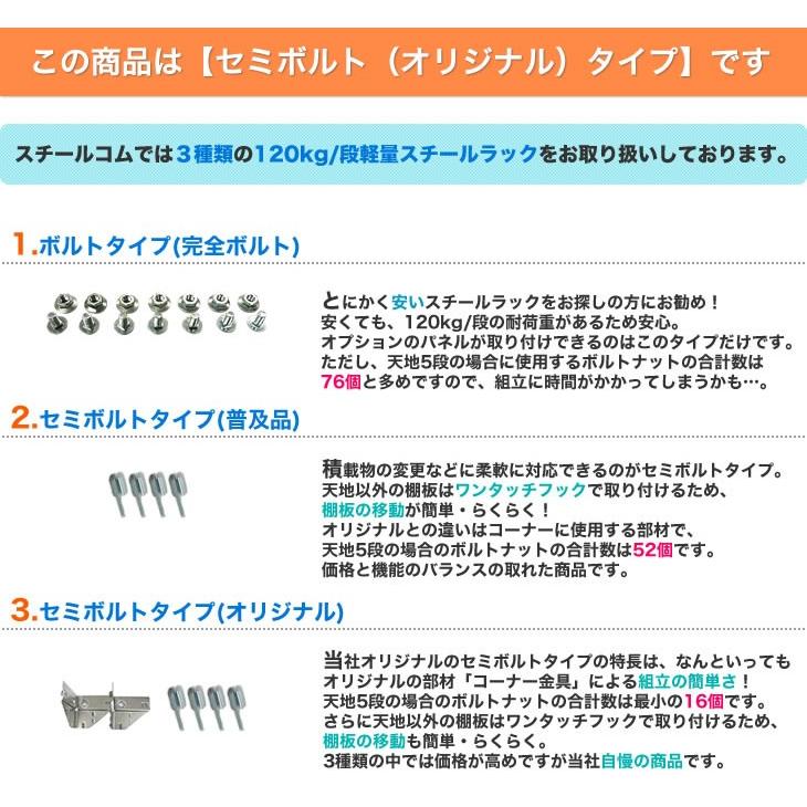 スチール棚 幅150×奥行30×高さ150cm 5段 単体 120kg/段 セミボルト