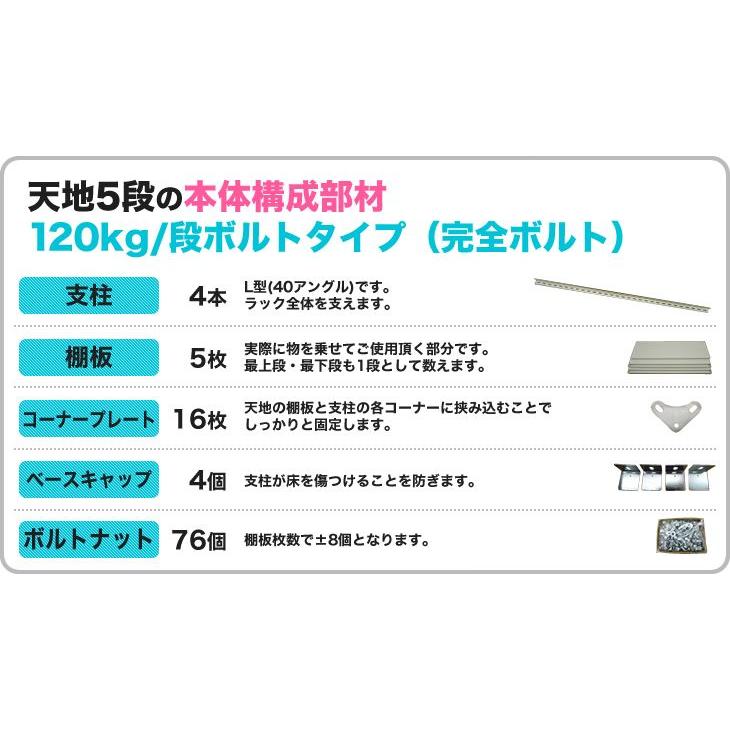 スチール棚 幅87.5×奥行45×高さ180cm 5段 単体 120kg/段 ボルト(完全ボルト) 重量:28kg｜steelcom｜04