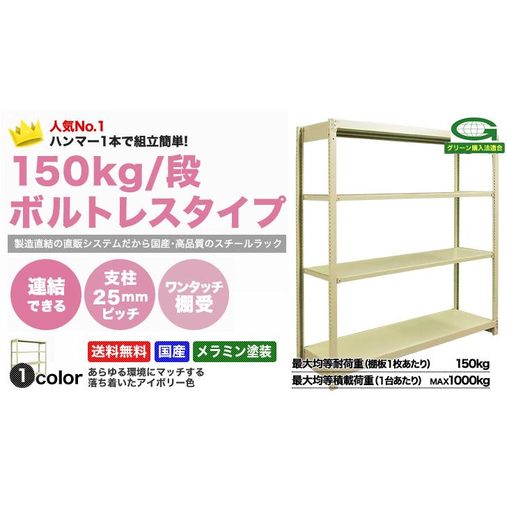 スチール棚 幅90×奥行45×高さ210cm 3段 連結 150kg/段 ボルトレス 重量:23kgの画像