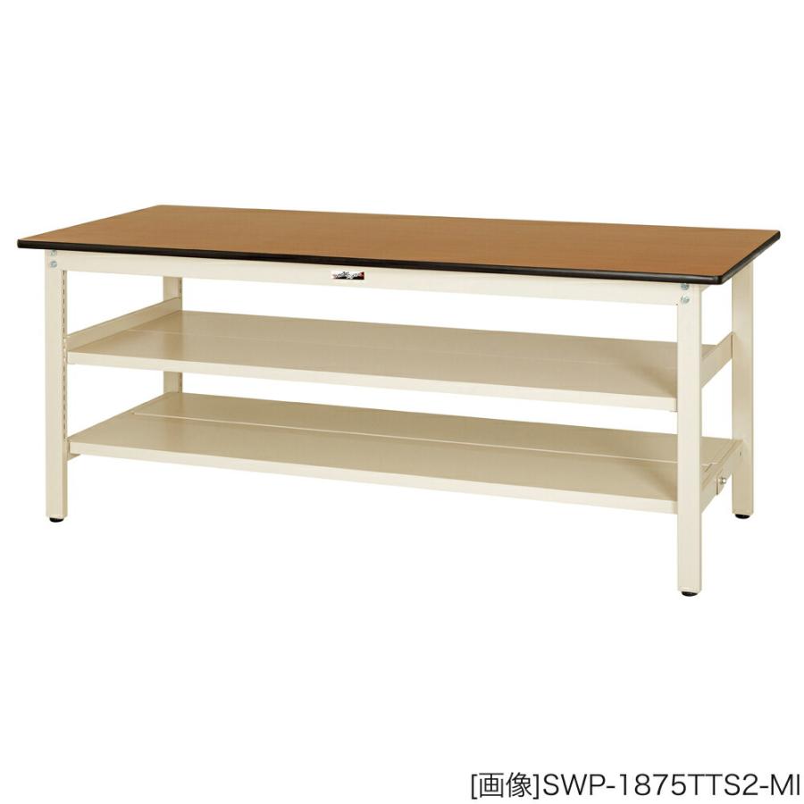 ヤマテック 作業台 300シリーズ 固定式 中間全面棚板2段式 ポリエステル天板:21mm 表示寸法:W1800×D900×H740 グリーン購入法適合商品 組立品 国産の画像