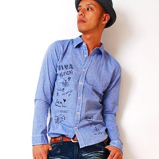 長袖シャツ 手書きプリントシャンブレーシャツ/ダンガリーシャツ/オックス/メンズ | 