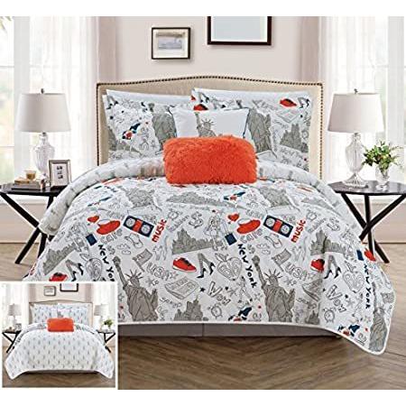Chic Home New York リバーシブルキルト5点セット シティにインスパイアされたプリントデザイン ベッドカバー寝具 - 装飾枕シャム付き