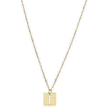 Kooljewelry 14Kイエローゴールド スクエアタイルカットアウト イニシャルペンダントネックレス (16または18インチまで調整可能)