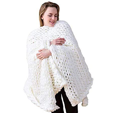 チャンキーニットブランケット ハンドメイド メリノウール スロー ボーホー 寝室 ソファ ホームインテリア 巨大糸 ホワイト 40 x 60インチ