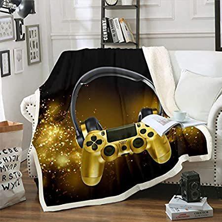 人気の贈り物が Headset Gamepad Sherpa Blanket Golden Game Controller Fleece Throw Blanket 毛布、ブランケット