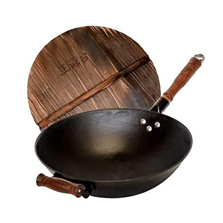 WANGYUANJI 中国製鋳鉄中華鍋 14.2インチ ハンドメイド 古代のメソッド 中華鍋 炒め物鍋 (クリーニングクロス&ブラシ無料) 伝統的な平