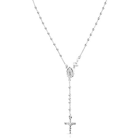 Savlano 925スターリングシルバー イタリア製 ソリッドビーズチェーン クロス&ロザリオ 聖母マリアペンダント Yネックレス 女性用ギフトボッ
