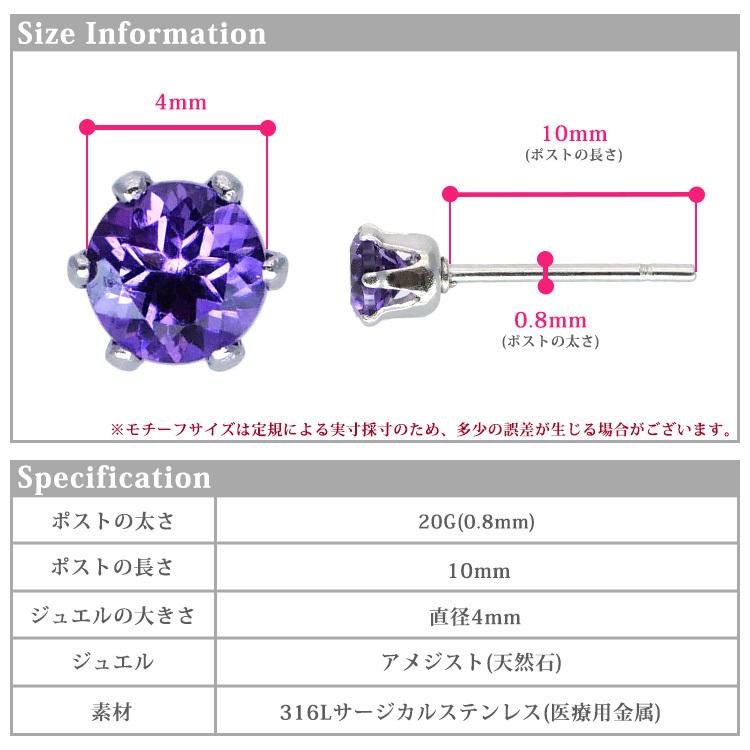 金属アレルギー対応 ステンレスピアス レディース 2月の誕生石 4mm