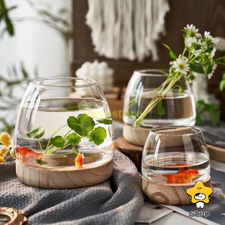 金魚鉢 ガラス製 天然木 丸型 水槽 メダカ鉢 透明 クリア 丸 鉢