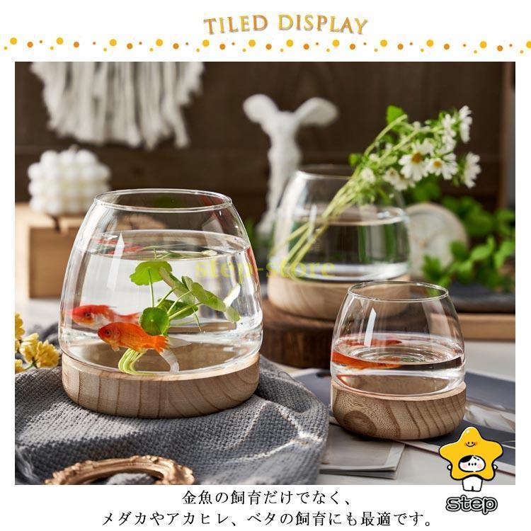 金魚鉢 ガラス製 天然木 丸型 水槽 メダカ鉢 透明 クリア 丸 鉢