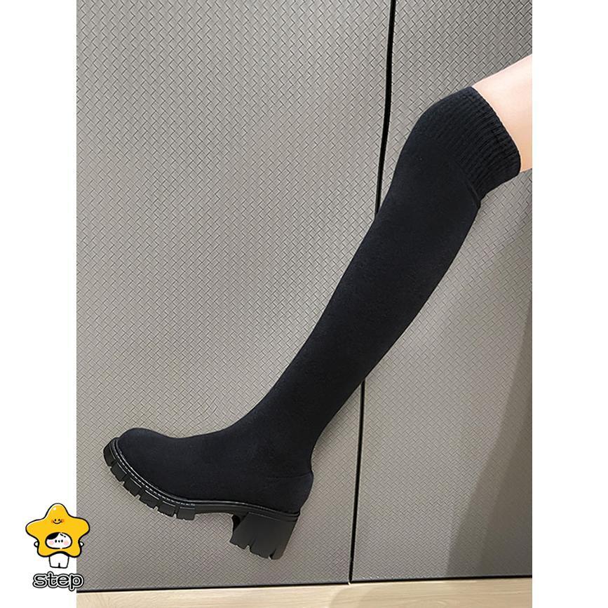 6cmヒール ニーハイブーツ レディース ロングブーツ ニットブーツ ソフト ストレッチ ニットソックスブーツ 太ヒール シンプル 美脚 おしゃれ 長靴