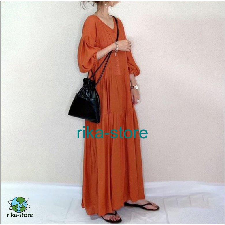 マキシワンピース レディース 秋 ロング丈 vネック オレンジ