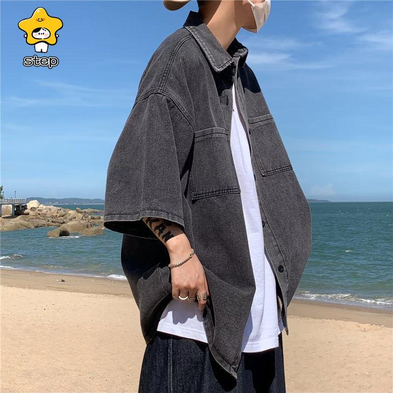 デニムシャツ メンズ 無地 トップス アメカジ 半袖 通学 通勤 アウター ジャケットシャツ 羽織り 開襟シャツ カジュアル 部屋着 | ブランド登録なし | 12