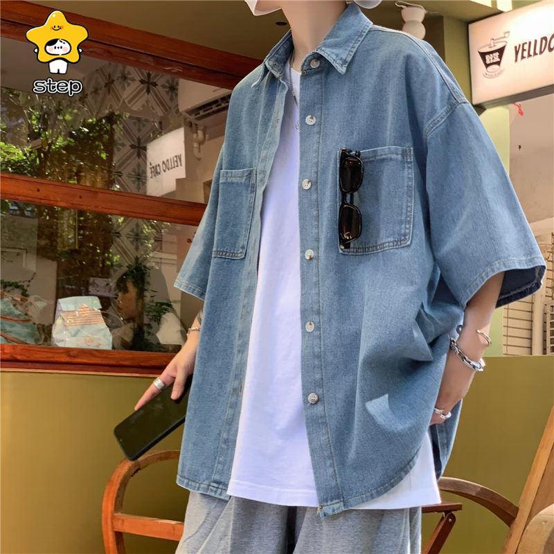 デニムシャツ メンズ 無地 トップス アメカジ 半袖 通学 通勤 アウター ジャケットシャツ 羽織り 開襟シャツ カジュアル 部屋着 | ブランド登録なし | 02