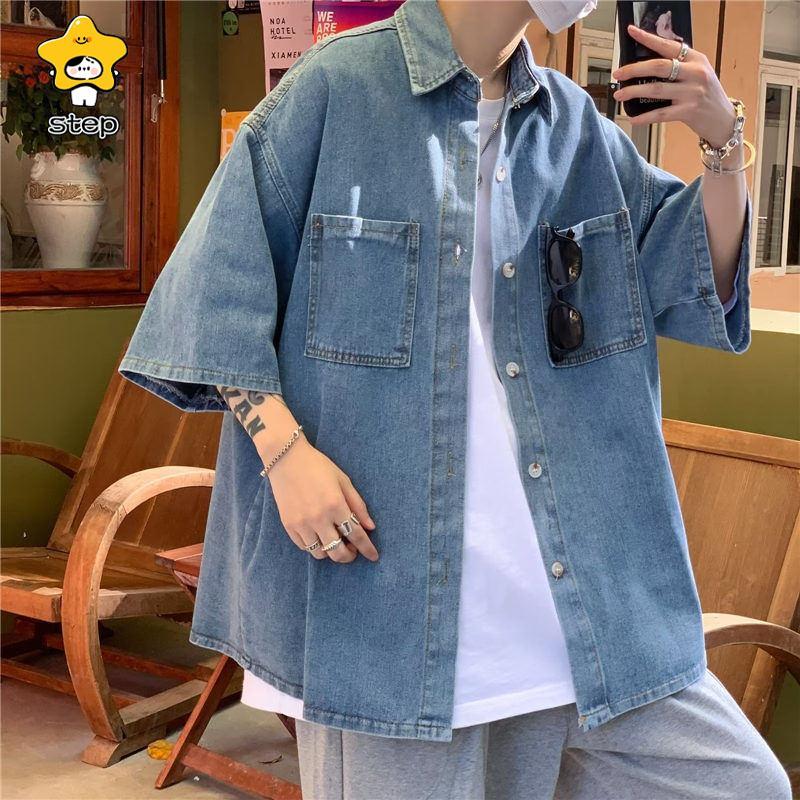 デニムシャツ メンズ 無地 トップス アメカジ 半袖 通学 通勤 アウター ジャケットシャツ 羽織り 開襟シャツ カジュアル 部屋着 | ブランド登録なし | 06