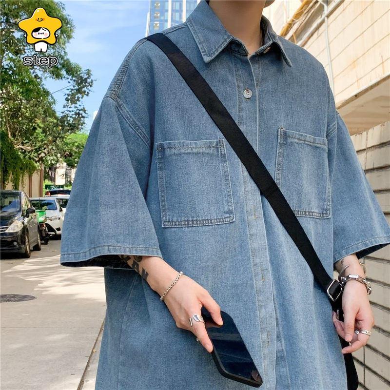 デニムシャツ メンズ 無地 トップス アメカジ 半袖 通学 通勤 アウター ジャケットシャツ 羽織り 開襟シャツ カジュアル 部屋着 | ブランド登録なし | 09