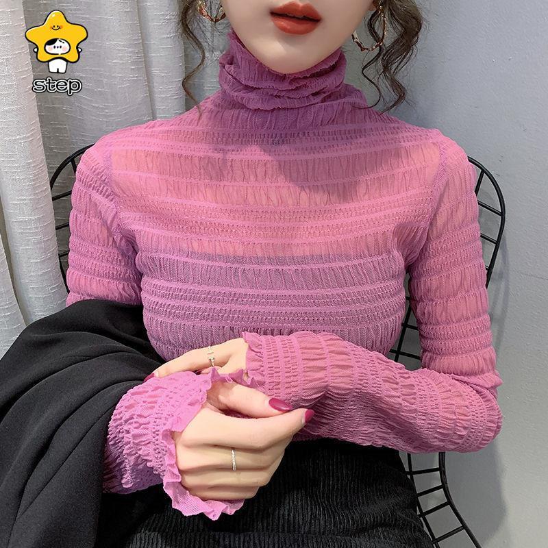 インナーシャツ レース 透け感 Tシャツ ブラウス シースルー レディース ハイネック ボトルネック チュール トップス 長袖 | ブランド登録なし | 18