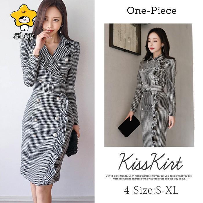 ワンピース レディース きれいめ フォーマル 結婚式 ドレス スーツ タイトワンピ 千鳥格 長袖 キャバ フォーマル 通勤 OL 30代 40代 着痩せ おしゃれ 卒業式 | ブランド登録なし