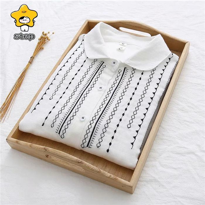 シャツブラウス レディース 丸襟 シャツ ブラウス 長袖 トップス  羽織り ギャザー カジュアル 幾何柄 刺繍 無地 大きいサイズ 体型カバー ゆったり 通勤 | ブランド登録なし | 10