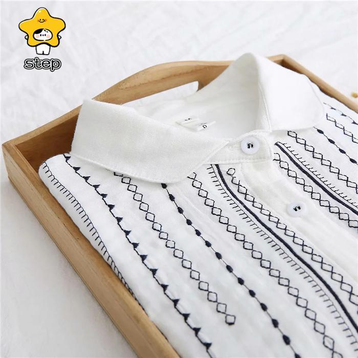 シャツブラウス レディース 丸襟 シャツ ブラウス 長袖 トップス  羽織り ギャザー カジュアル 幾何柄 刺繍 無地 大きいサイズ 体型カバー ゆったり 通勤 | ブランド登録なし | 02