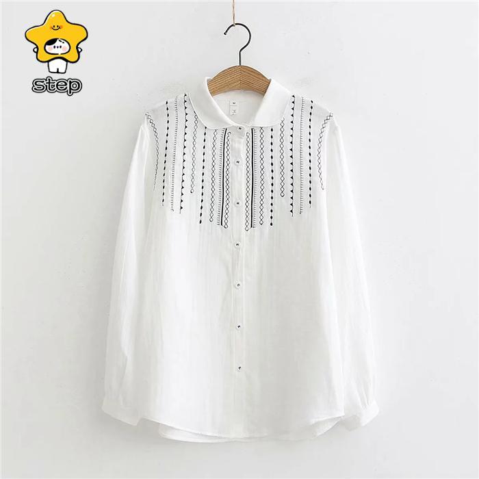 シャツブラウス レディース 丸襟 シャツ ブラウス 長袖 トップス  羽織り ギャザー カジュアル 幾何柄 刺繍 無地 大きいサイズ 体型カバー ゆったり 通勤 | ブランド登録なし | 03