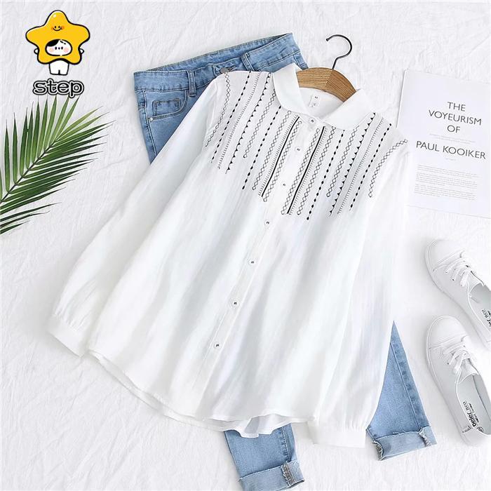 シャツブラウス レディース 丸襟 シャツ ブラウス 長袖 トップス  羽織り ギャザー カジュアル 幾何柄 刺繍 無地 大きいサイズ 体型カバー ゆったり 通勤 | ブランド登録なし | 05