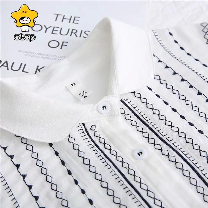 シャツブラウス レディース 丸襟 シャツ ブラウス 長袖 トップス  羽織り ギャザー カジュアル 幾何柄 刺繍 無地 大きいサイズ 体型カバー ゆったり 通勤 | ブランド登録なし | 06