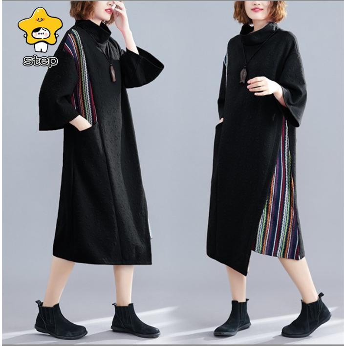 ワンピース レディース 40代 春 秋 冬 ロングワンピース 長袖 ミモレ丈 ハイネック 配色 体型カバー ゆったり カジュアル 通勤 オシャレ 着痩せ 30代 50代 | ブランド登録なし