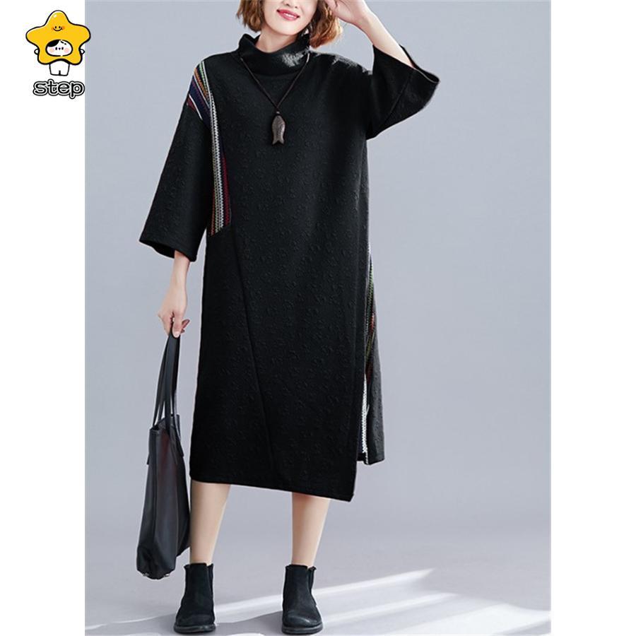 ワンピース レディース 40代 春 秋 冬 ロングワンピース 長袖 ミモレ丈 ハイネック 配色 体型カバー ゆったり カジュアル 通勤 オシャレ 着痩せ 30代 50代 | ブランド登録なし | 02